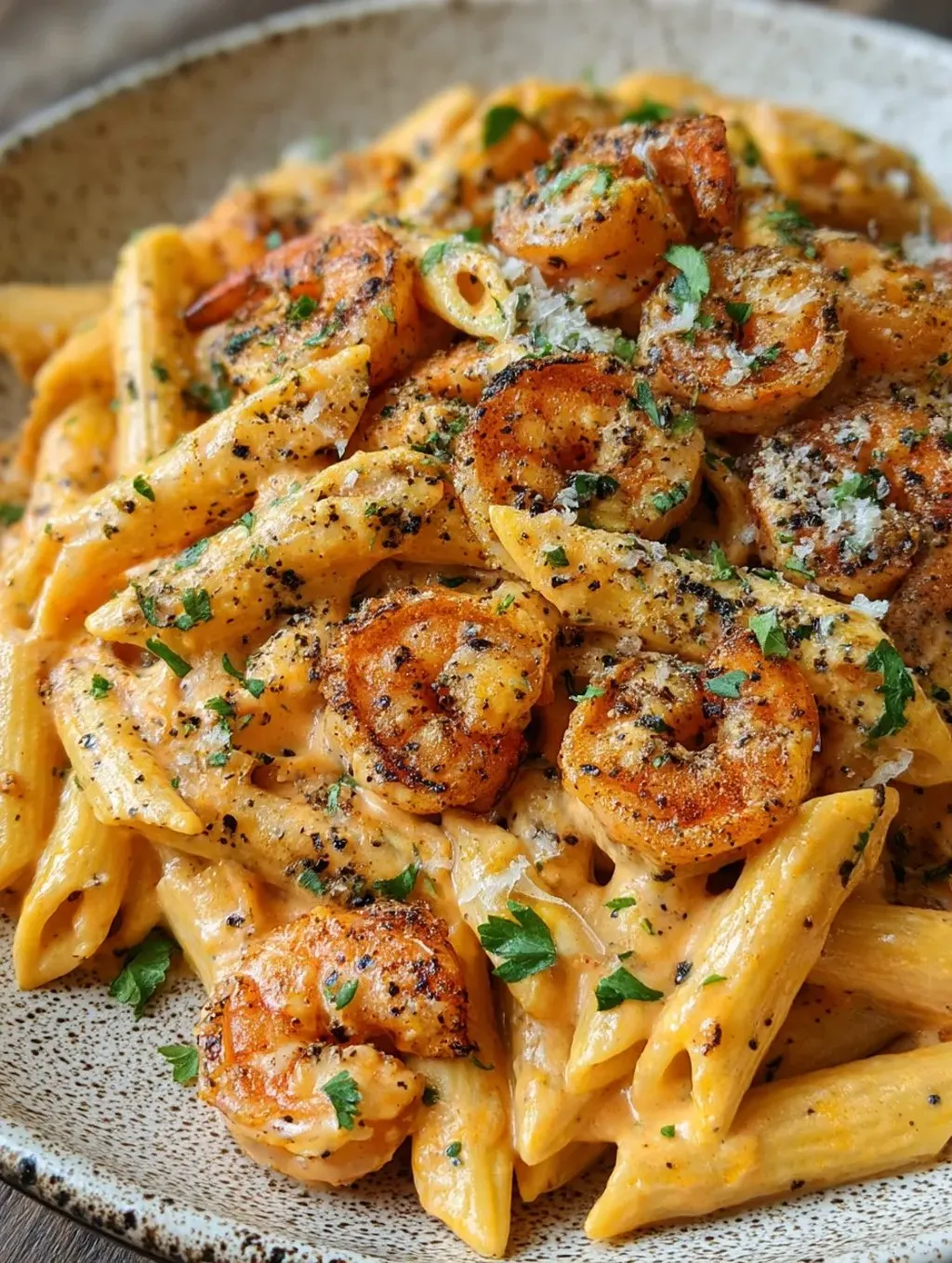 Eine Schüssel mit Penne-Nudeln und Zwiebeln, die mit Shrimp-Kräutchen und Parmesan-Käse garniert sind.