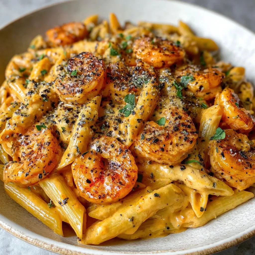 Ein Schalen mit Penne und Shrimp, garniert mit Parsley.