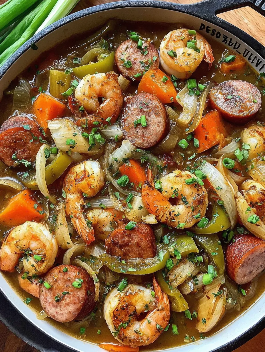 Ein Bild von einer Garnelen-Suppe mit vielen Zutaten wie Karotten, Paprika, Zwiebeln, Knoblauch und Garnelen.