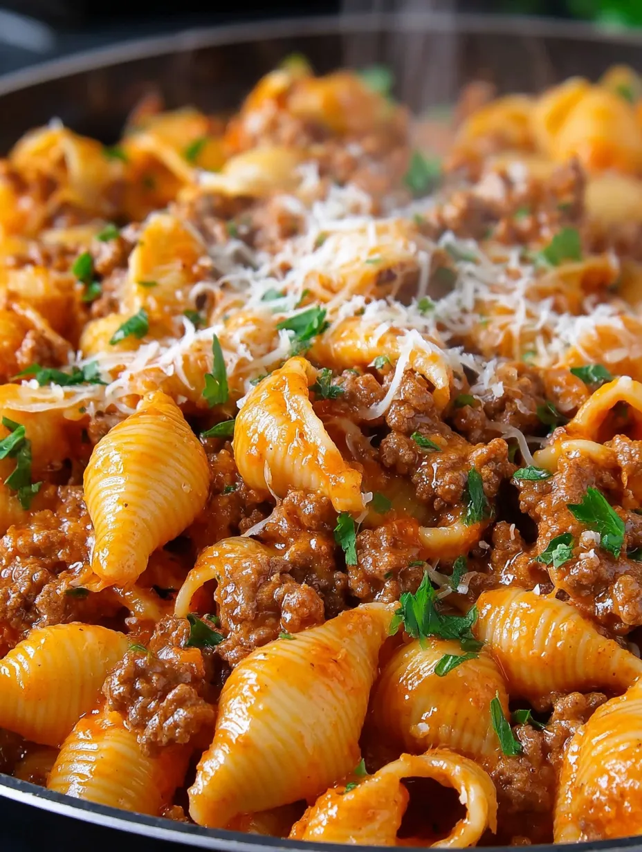 Eine Schüssel mit Penne-Nudelsalat, der mit Rindfleisch, Käse, Tomaten, Basilikum und Parmesan garniert ist.