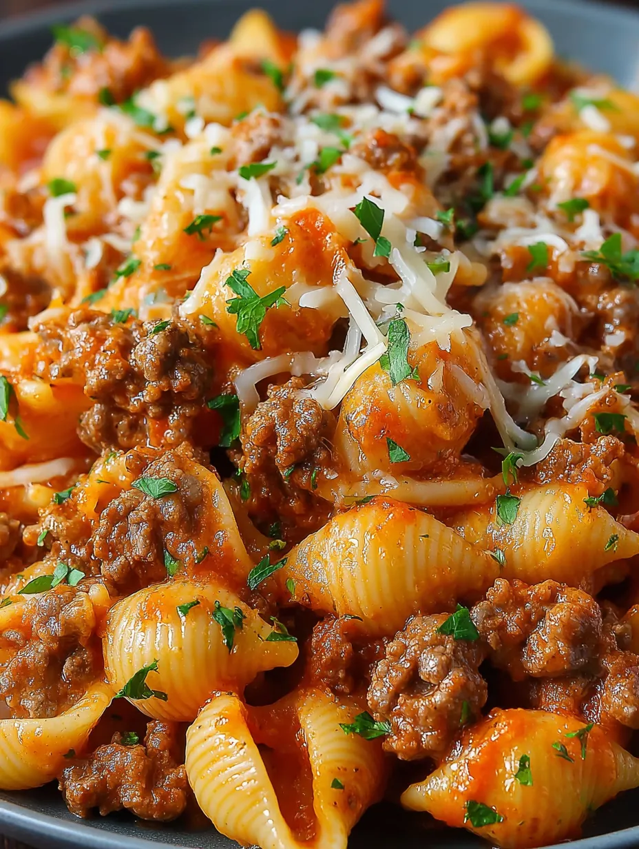 Eine Schüssel mit Penne-Nudeln, die mit Rindfleisch, Käse und Zwiebeln garniert sind.