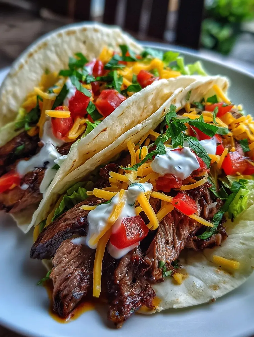 Ein Taco mit K&auml;se, Tomaten, Lettuce und Steak auf einem wei&szlig;en Teller.