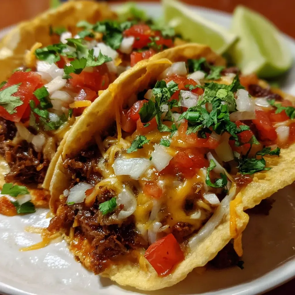 Ein weißer Teller mit zwei Tacos auf ihm.