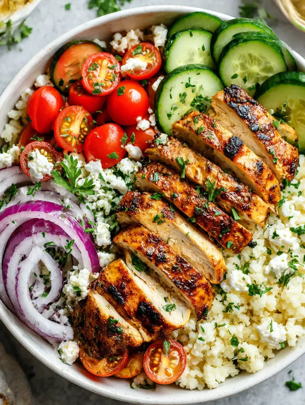 Ein Bild von einem gegrillten Chicken-Stück, das in einem Becher mit Gemüse und Reis gegeben wird.