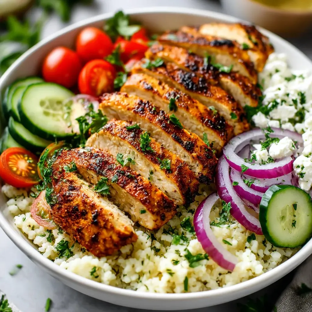Ein weißer Becher mit grünen Zwiebeln, gegrilltem Chicken, Tomaten, Onions, Zucchini und Feta-Käse.