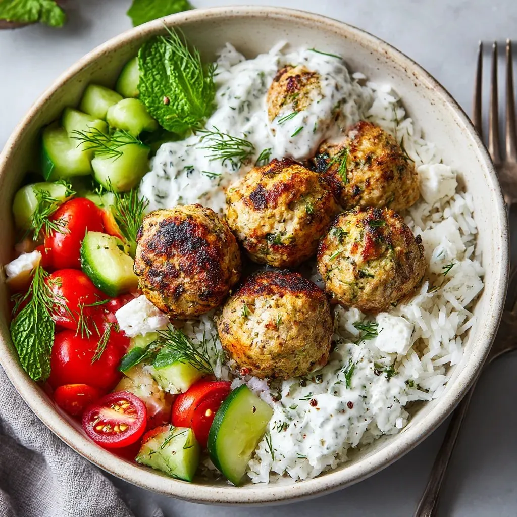 Ein Becher mit griechischen Chicken Meatballs, Zucchini, Tomaten, Mint und Rice.
