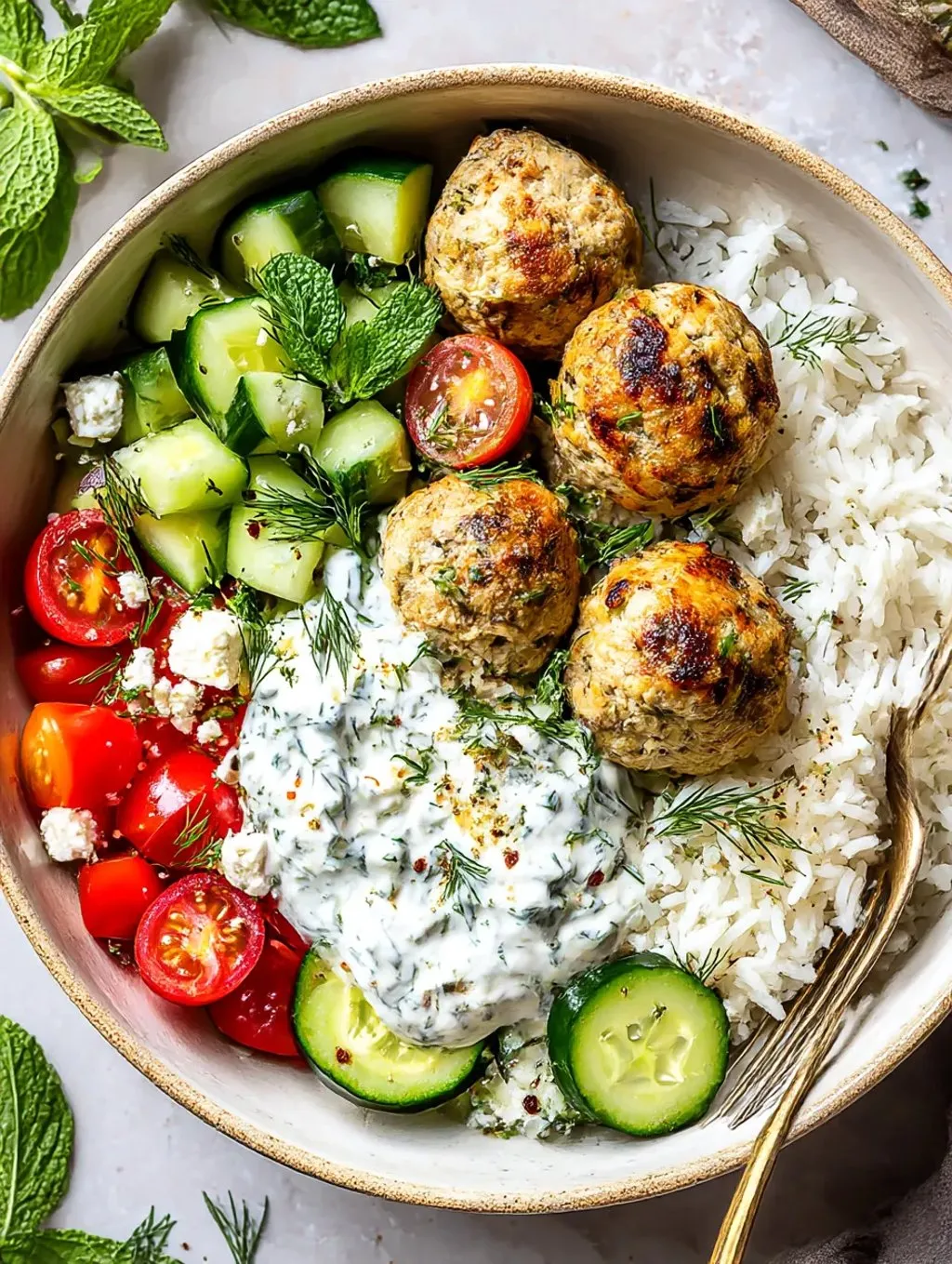 Ein Becher mit einer Mischung aus Zwiebeln, Rice, Tomaten, Zucchini, Cucumber, Mint und Chicken Meatballs.