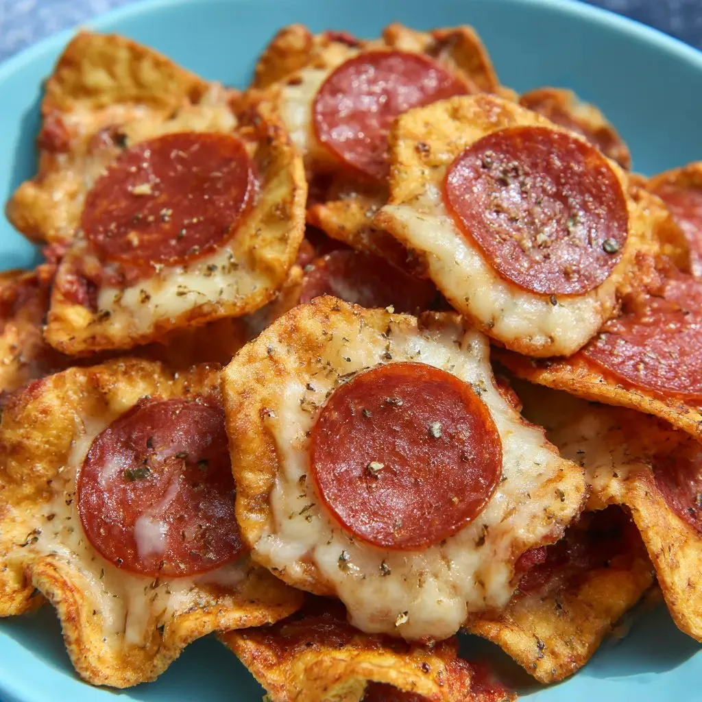 Ein Plate mit Pizza-Chips, die aus zwei Zutaten bestehen: Pizza und Pizza-Kruste.