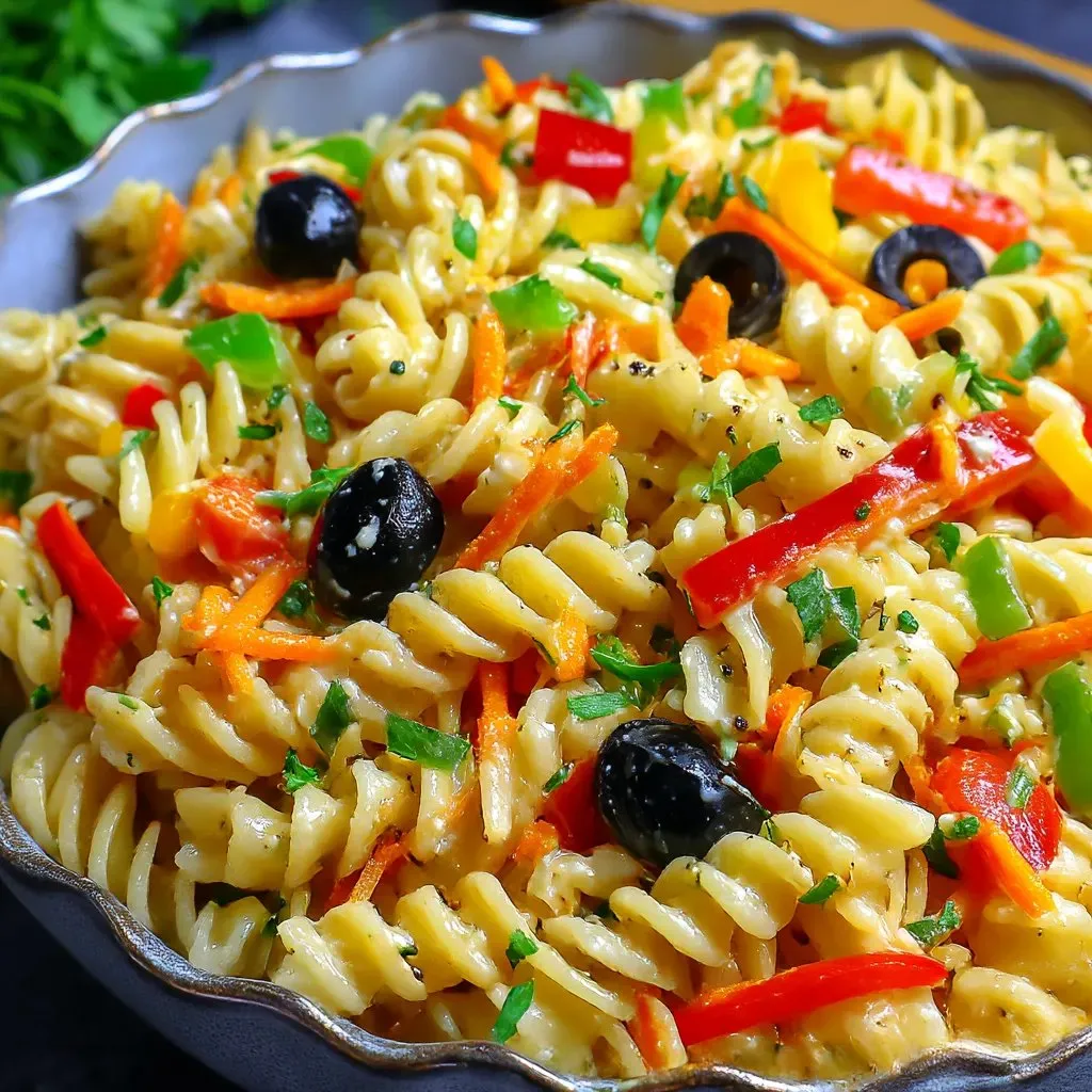Ein Glas mit Pasta Salat, der mit Oliveöl, Oliven und Tomaten zubereitet wurde.