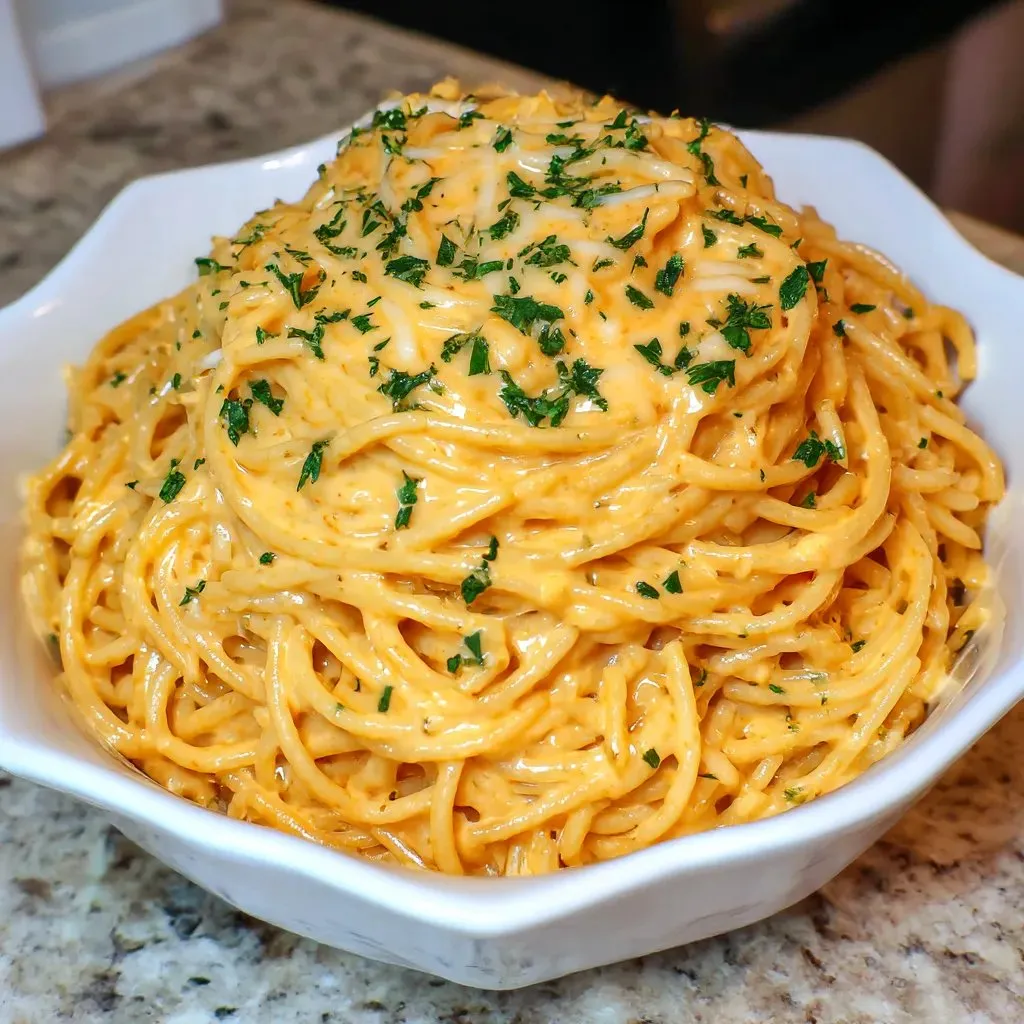 Ein weißer Teller mit einer Schüssel voller Spaghetti, die mit Käse, Knoblauch und Parmesan garniert sind.