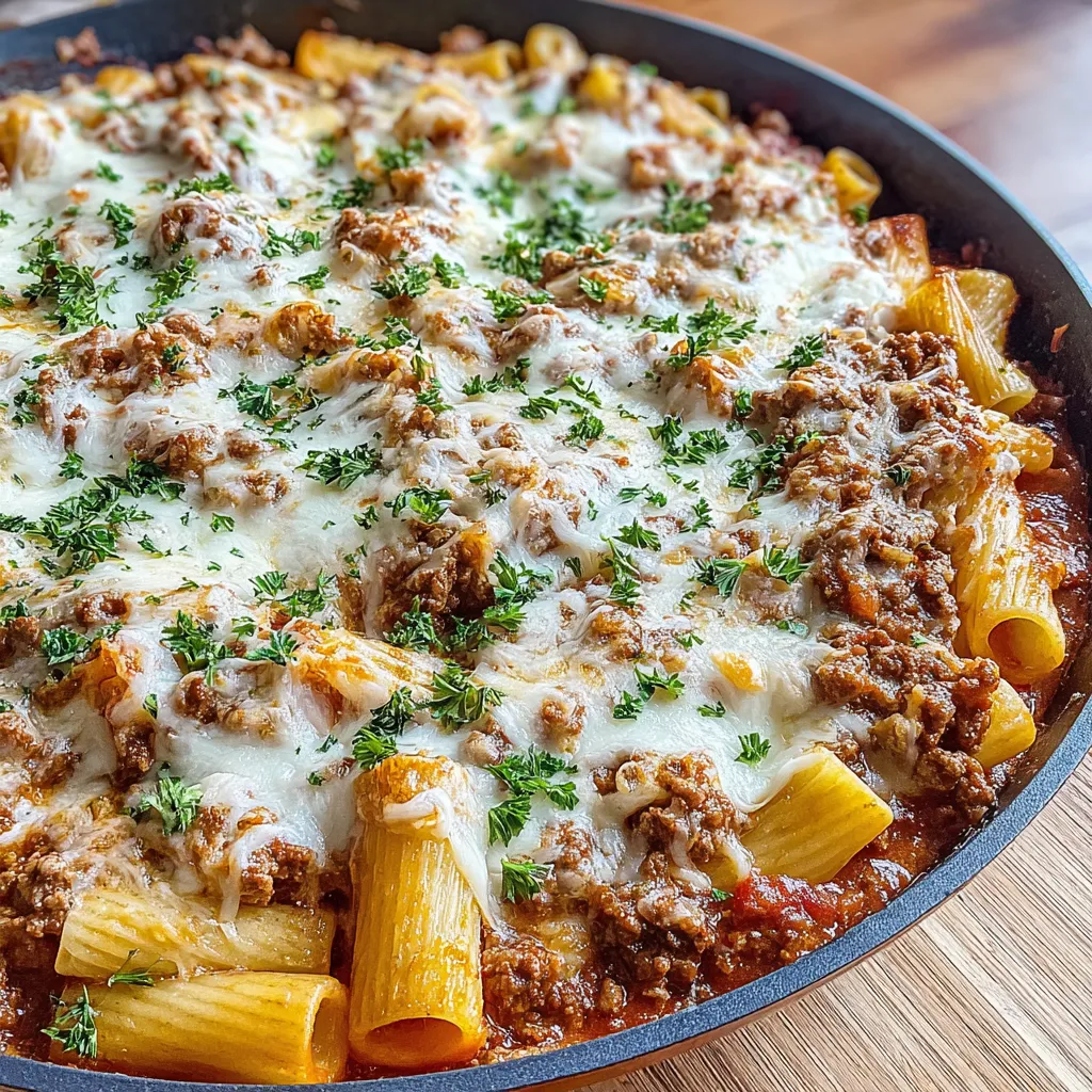 Ein Schmelztopf mit Penne, Käse, Rinderfleisch und Zwiebeln.