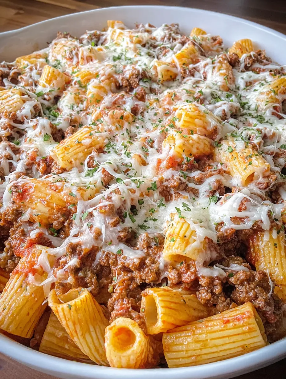 Eine Schüssel mit Penne-Nudeln, die mit Käse und Rindfleisch garniert sind.