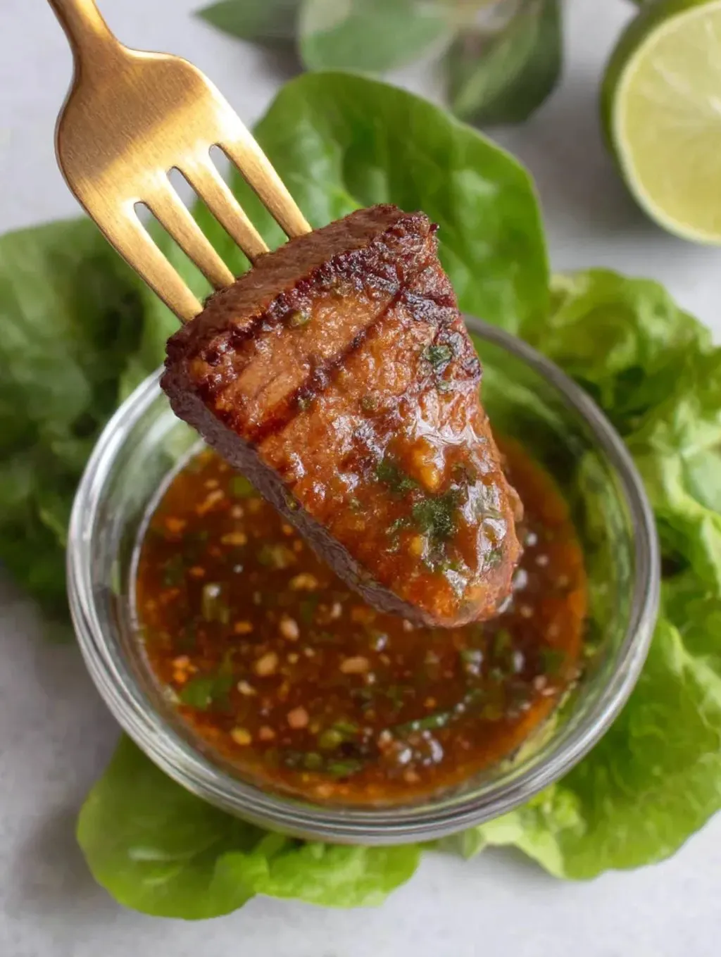 Ein Stück Fleisch wird aus einer Schüssel mit einer Sauce gezogen.