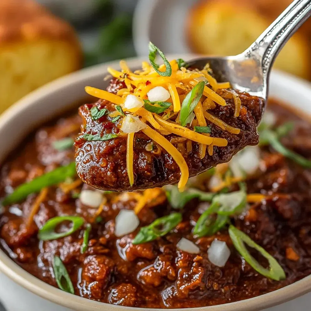Ein Schalen mit Chili Con Carne, die mit Kartoffeln und Zwiebeln garniert ist.