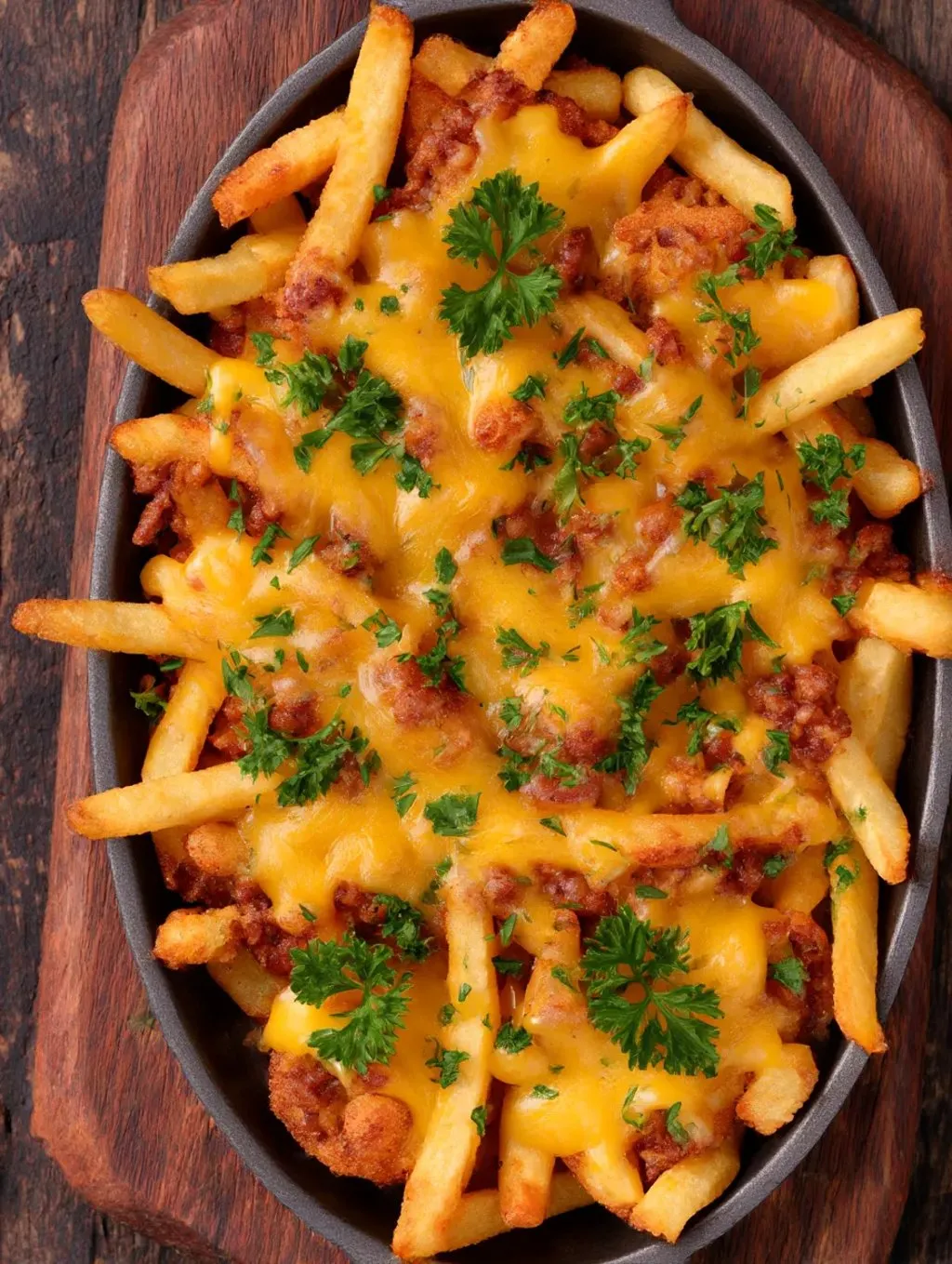 Ein Beef Cheese Casserole mit Fritten.