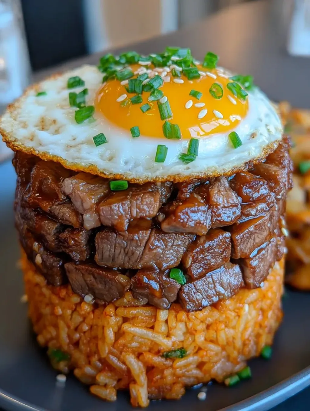 Eine Beef Rice Stack, die mit grünen Zwiebeln garniert ist.