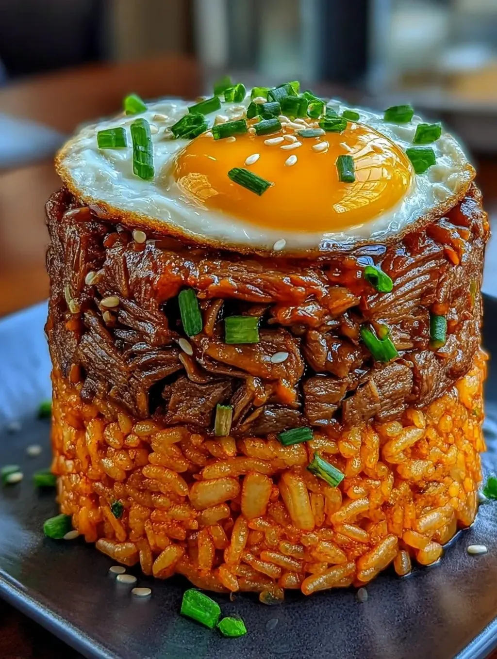 Eine Beef Rice Stack, die mit Rice und Koriander garniert ist.