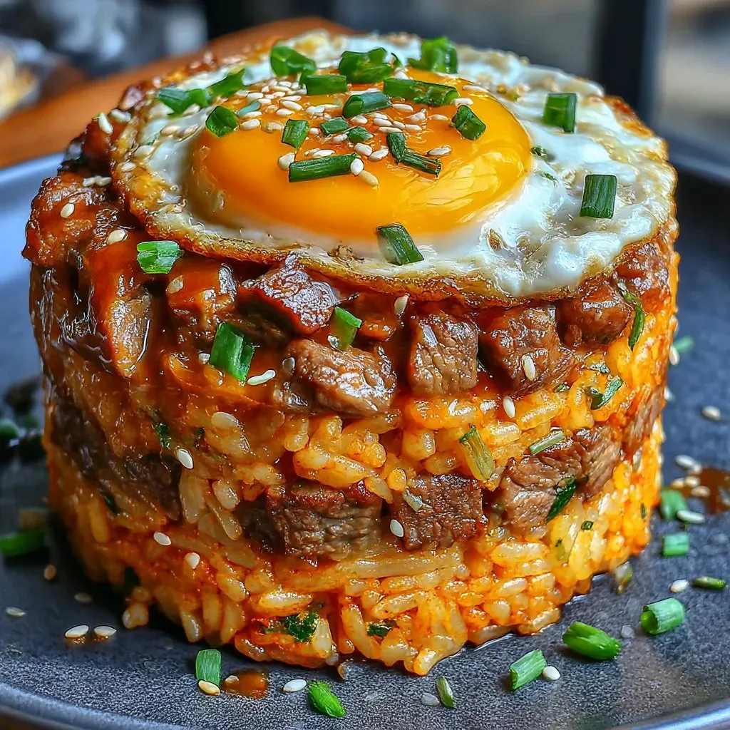 Eine Beef Rice Stack, die mit Rice, Koriander und Zwiebeln garniert ist.