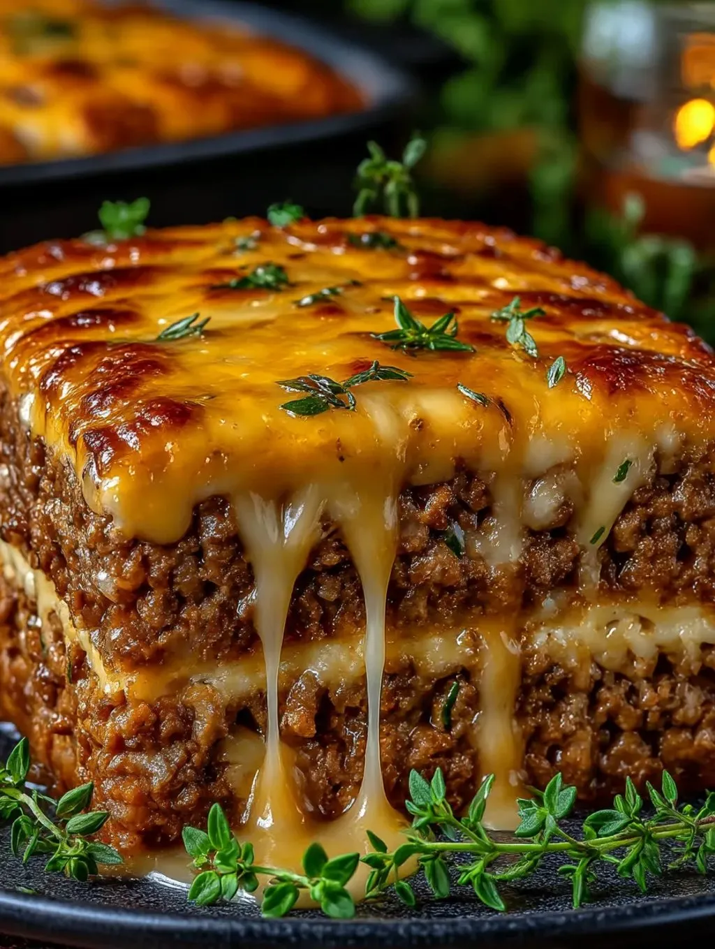 Eine Schicht von Ground Beef, die mit Cheese und Sauce bedeckt ist.