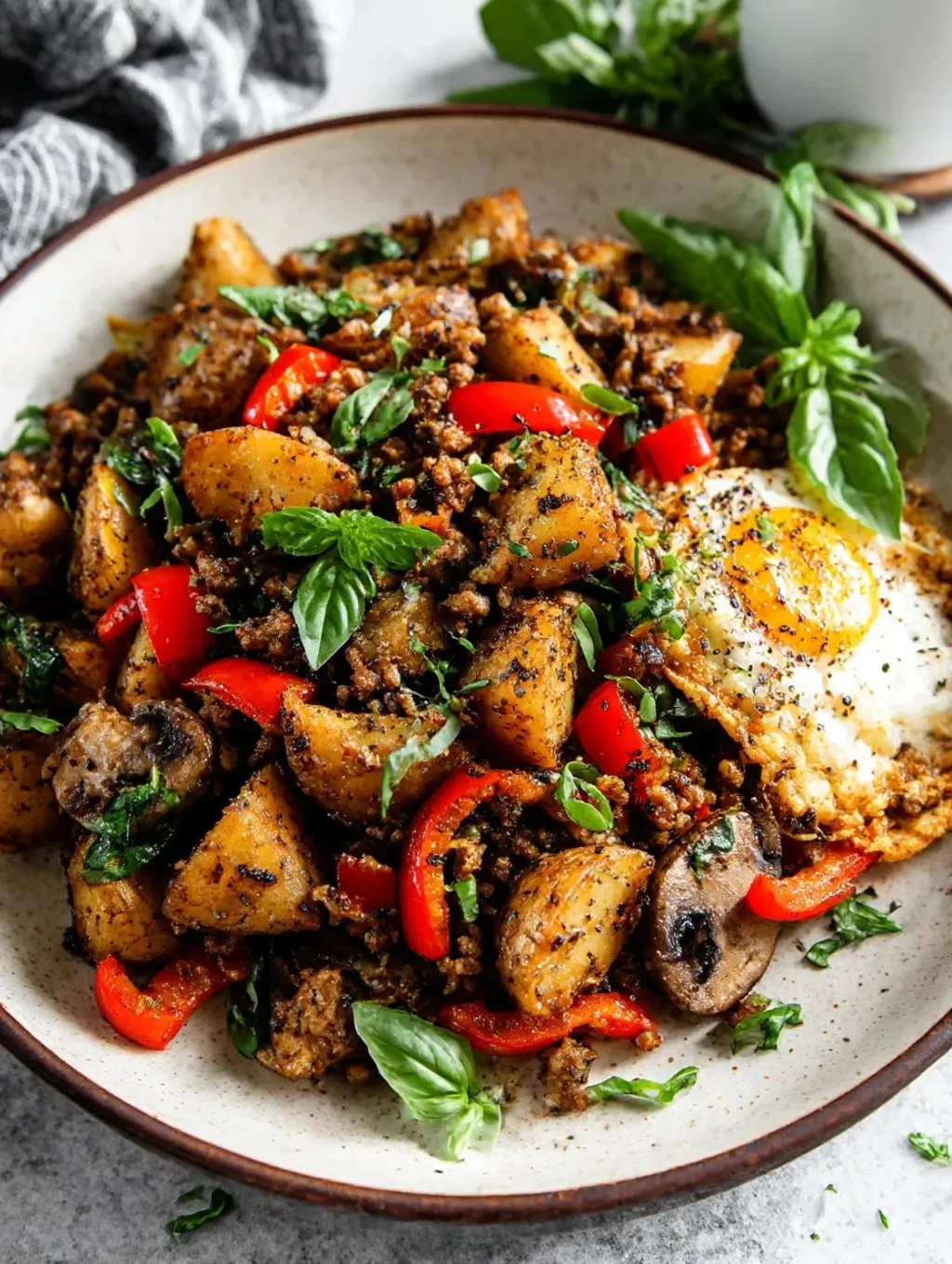 Ein Schälchen mit einer Mischung aus Kartoffeln, Tomaten, Spinat, Zwiebeln und Rindfleisch.