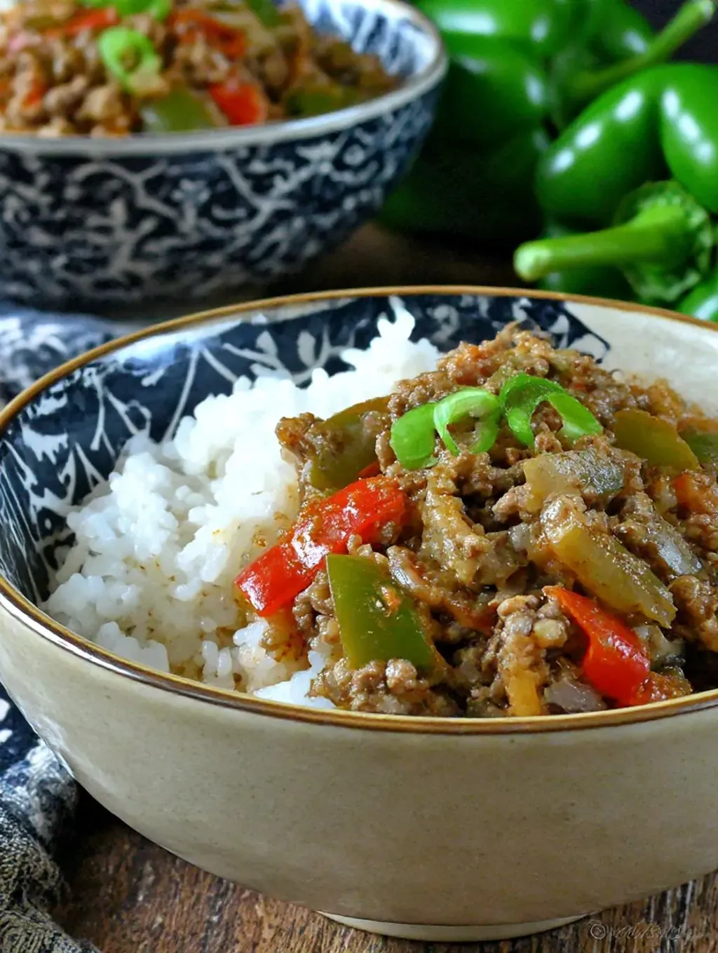 Ein Beef and Pepper Rice Bowls enthält eine Mischung aus Rice, Beef und Paprika.