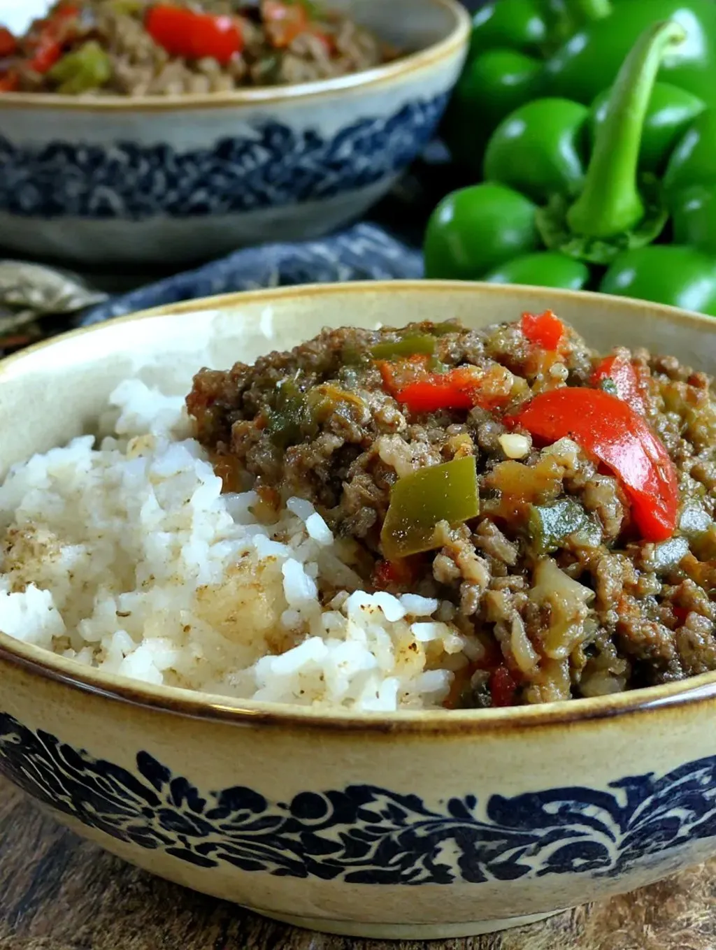 Ein Beef and Pepper Rice Bowls enthält eine Mischung aus Rice, Beef und Paprika.