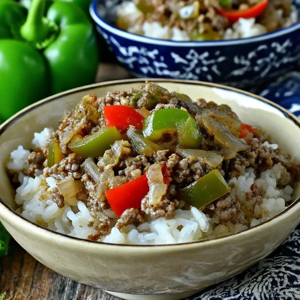 Zwei Beef and Pepper Rice Bowls auf einem Tisch.