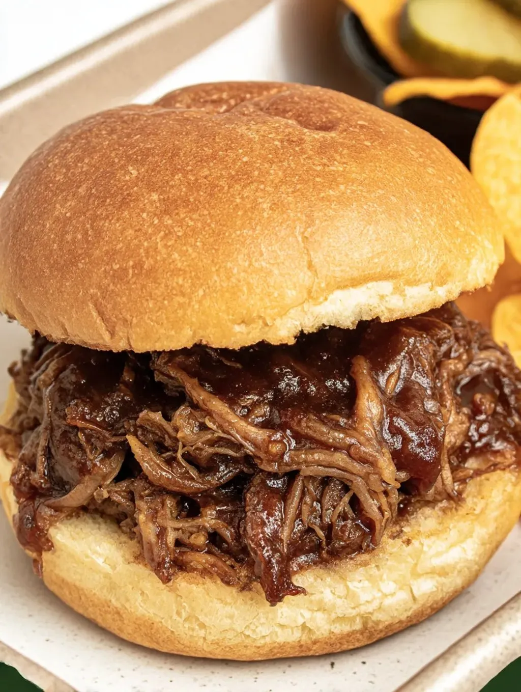 Ein Pulled Beef BBQ Sandwich auf einem Wecker.