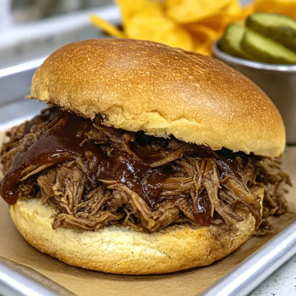 Ein Pulled Beef BBQ Sandwich auf einem Bread.