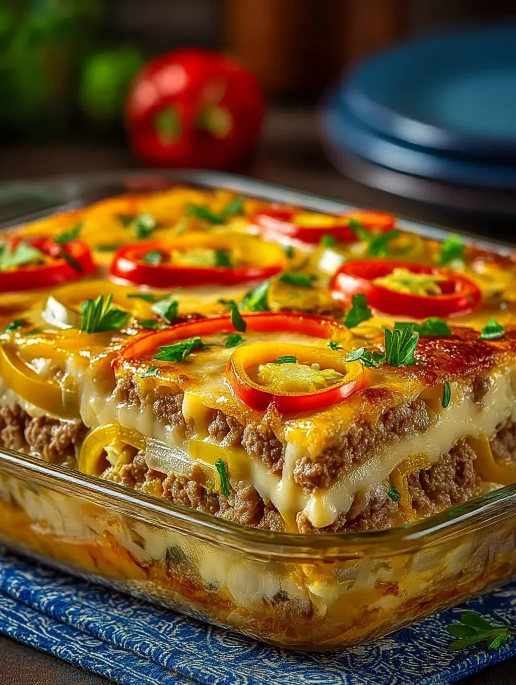 Ein Beef Casserole mit verschiedenen Zutaten wie Tomaten, Paprika, Zwiebeln und Käse.