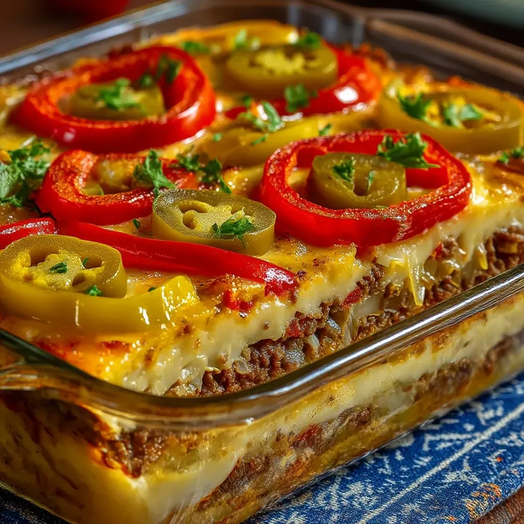 Ein Beef Casserole mit verschiedenen Zutaten wie Tomaten, Paprika, Zwiebeln und Käse.