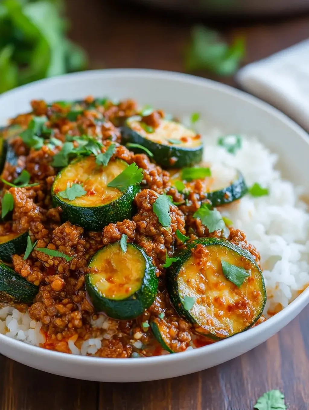 Ein weißer Teller mit Zucchini und Beef Skillet.