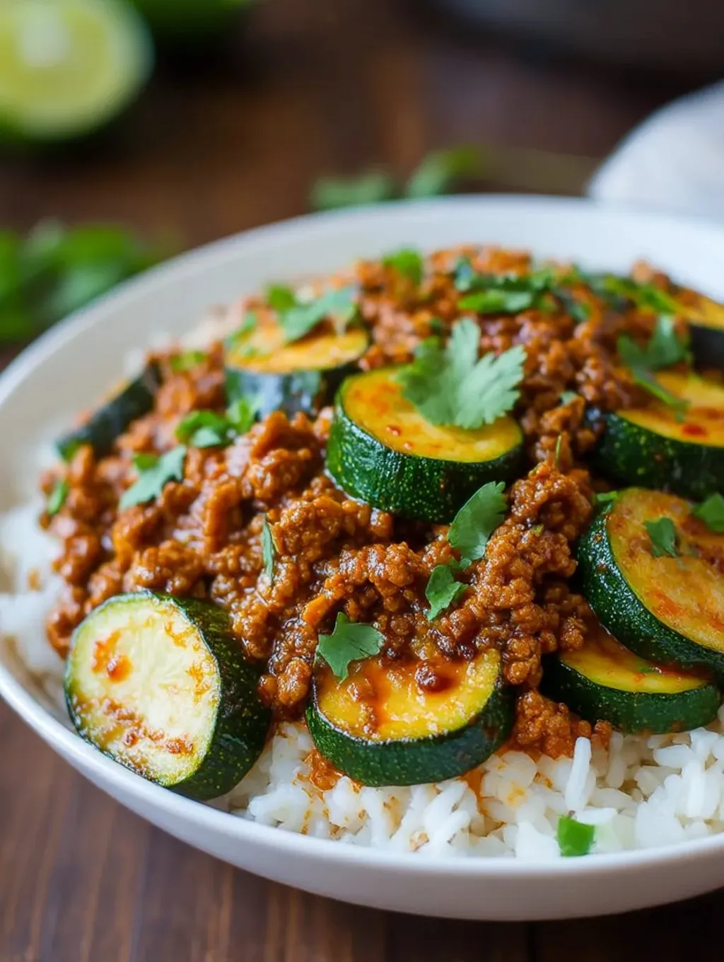 Ein weißer Teller mit Zucchini und Beef Skillet.