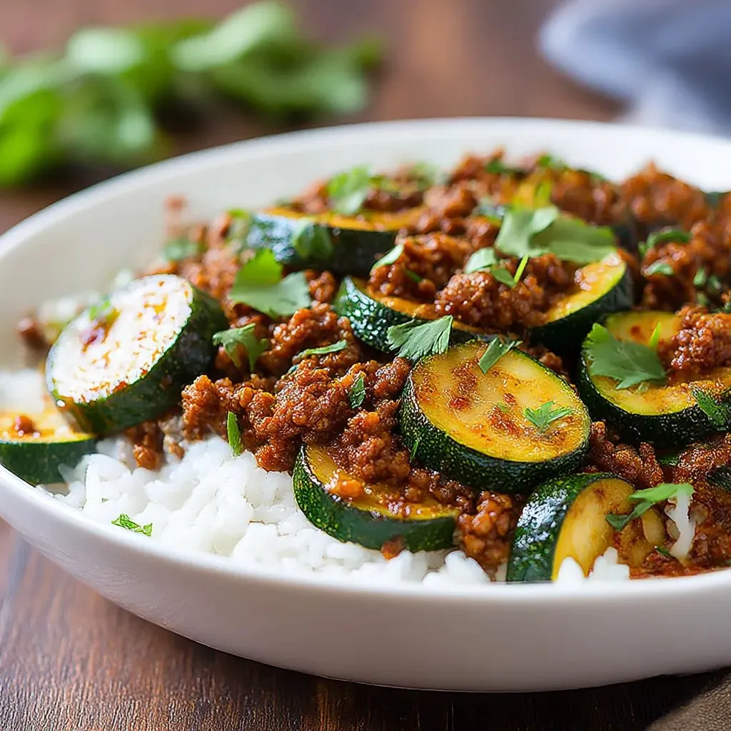 Ein weißer Teller mit Zucchini und Beef Skillet.