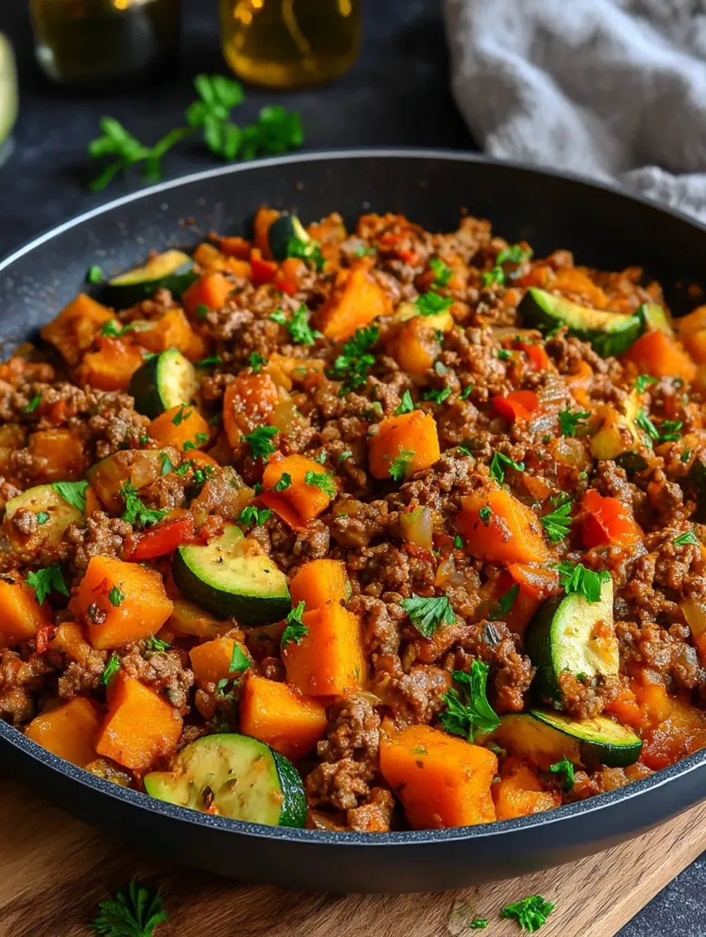 Ein Schälchen mit Zucchini, Sweet Potato und Ground Beef.