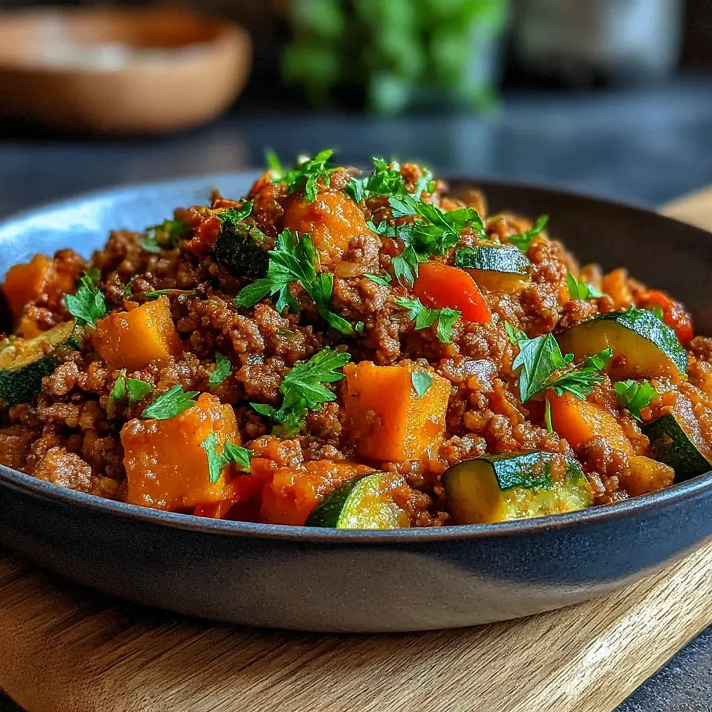 Ein Schälchen mit Zucchini, Sweet Potato und Rindfleisch.