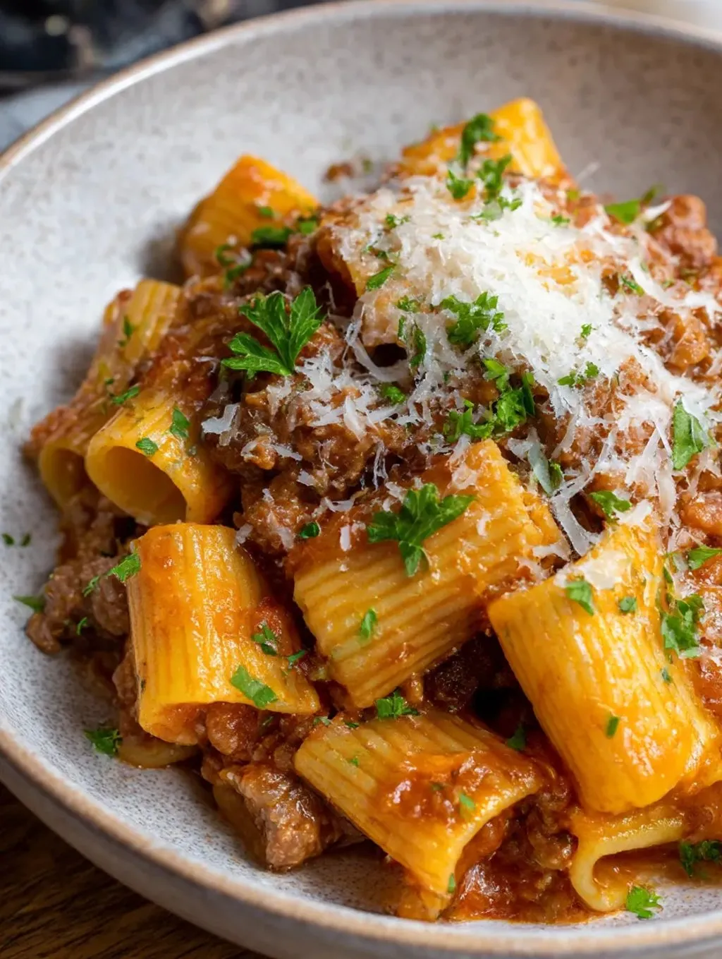 Ein Bild von einer Schüssel mit Pasta, Beef Ragu und Pork.