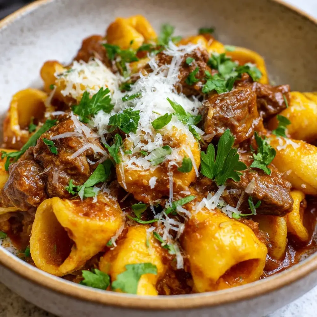 Ein Bild von einer Schüssel mit Pasta und Fleisch, das als "Best Braised Beef Pork Ragu" beschrieben wird.