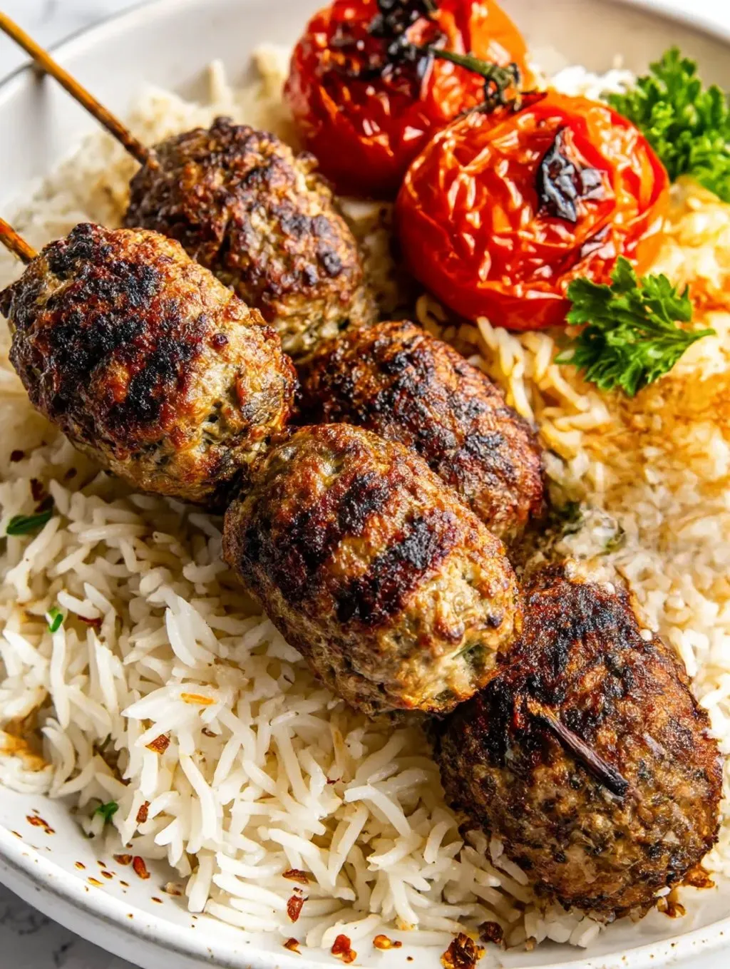 Eine Beef-Lamb-Kafta mit Rice und Tomaten.