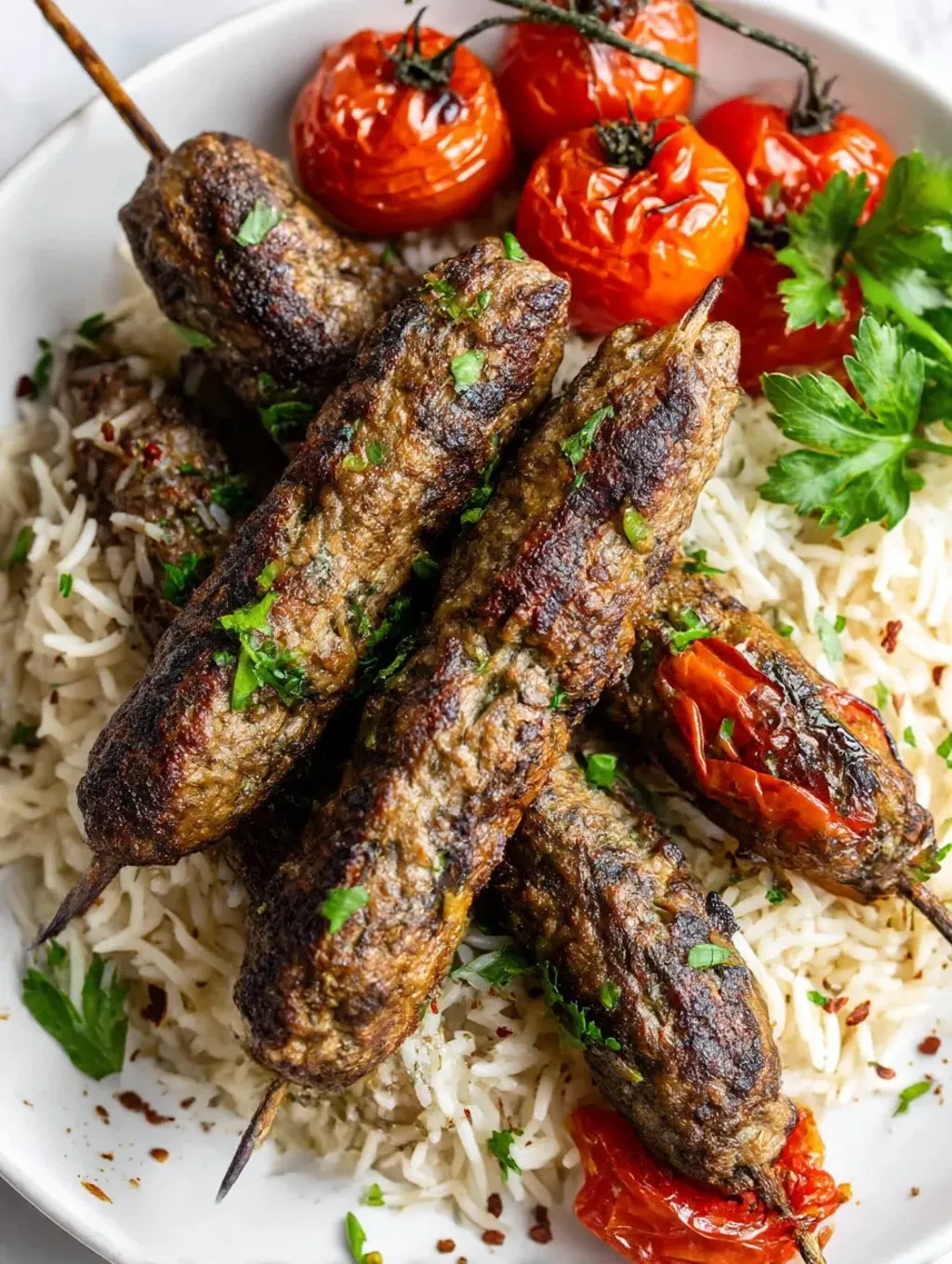 Eine Platte mit Kafta, die aus Fleisch und Gem&uuml;se besteht.
