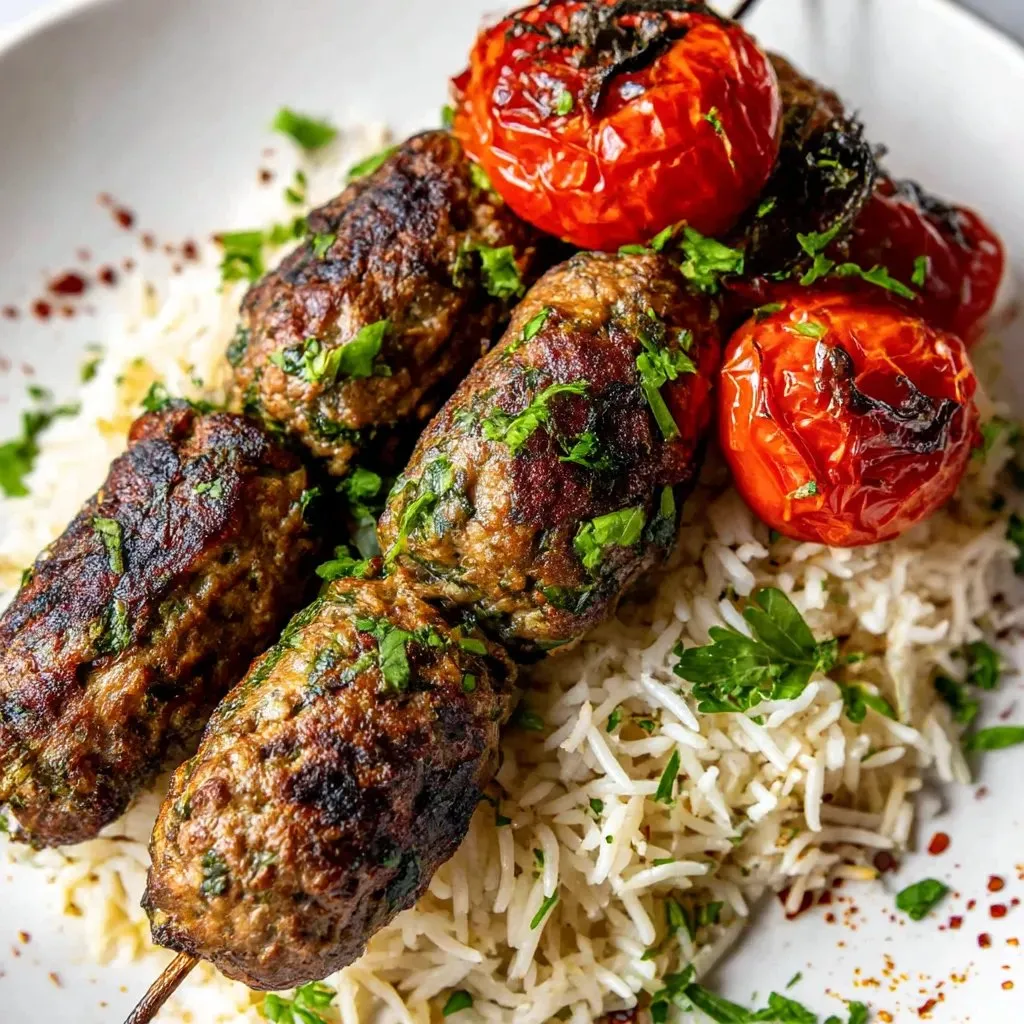 Eine Platte mit Kafta, bestehend aus Beef und Lamb, garniert mit Tomaten und Zwiebeln.