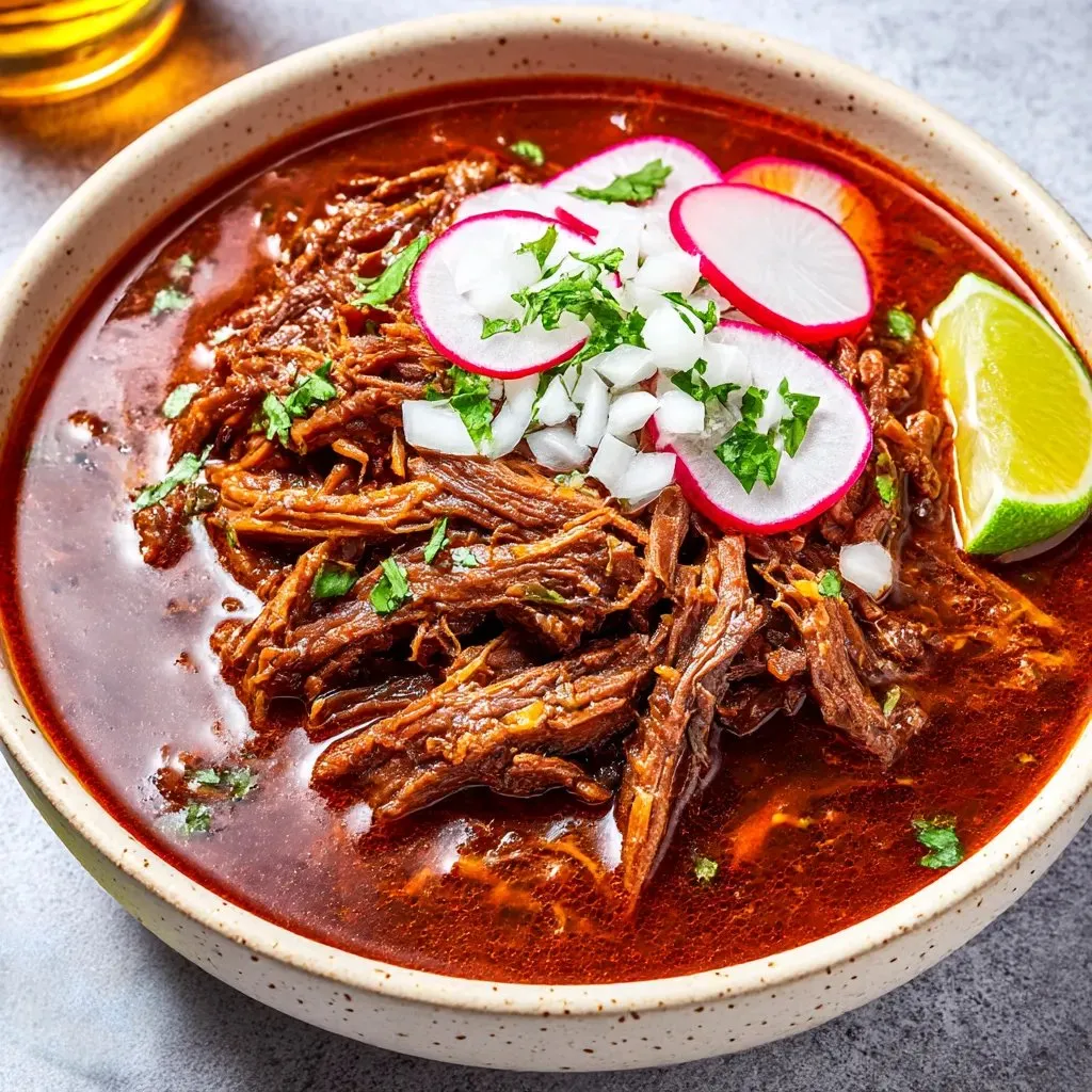 Ein Becher mit Birria, einer mexikanischen Beef-Gericht, das mit Tomaten, Zwiebeln und anderen Zutaten zubereitet wurde.