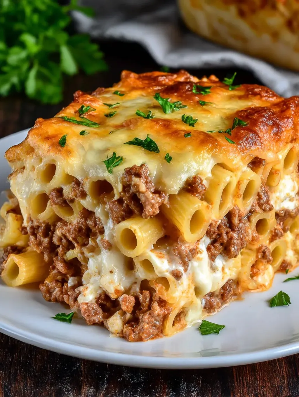 Ein Beef Lombardi Casserole Bake auf einem weißen Teller.