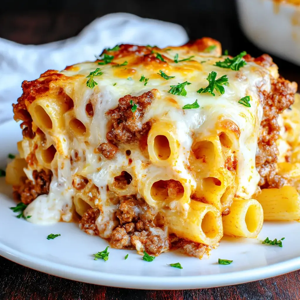 Eine Beef Lombardi Casserole Bake auf einem Teller.