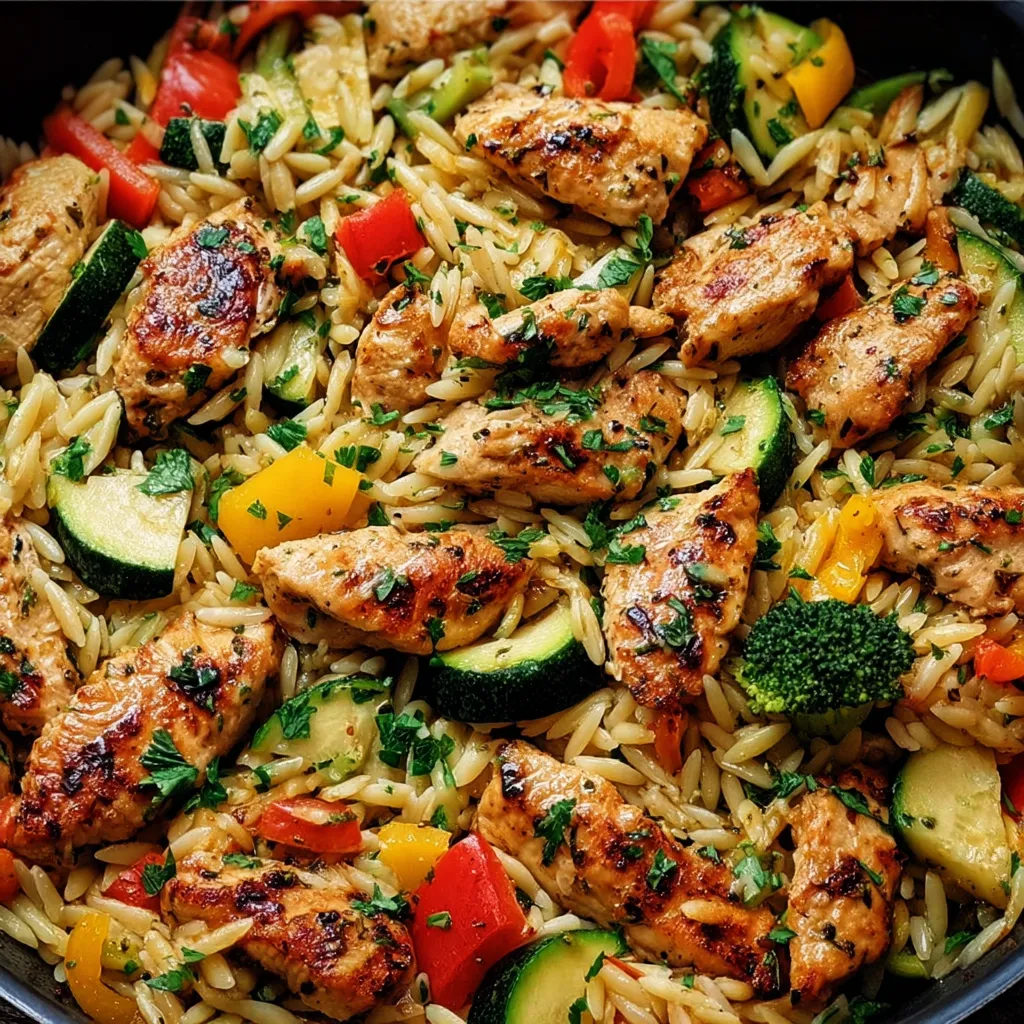 Ein Bild von einer Rice-Pasta-Mischung mit Zwiebeln, Tomaten, Paprika, Zucchini, Brocoli, Kartoffeln und Chicken.