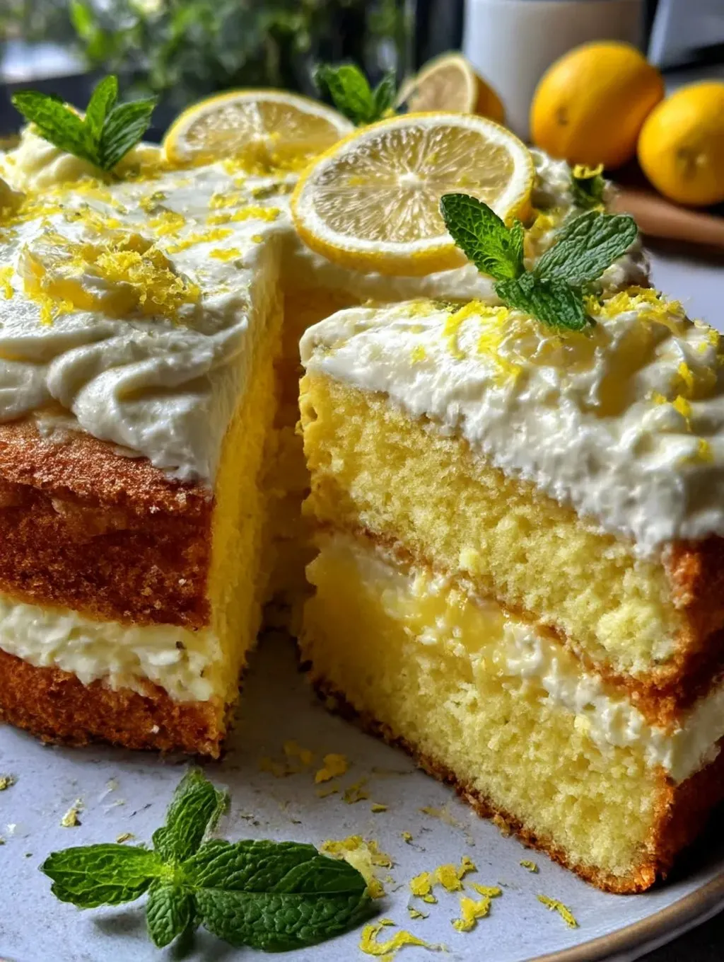 Ein Stück von einem Limoncello-Mascarpone-Kuchen mit Zitrusgeschmack, der in Stücke geschnitten wurde.