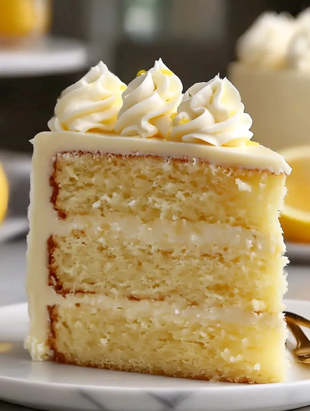 Ein Stück Glutenfreier Zitronenkuchen mit weißen Zuckerguss.