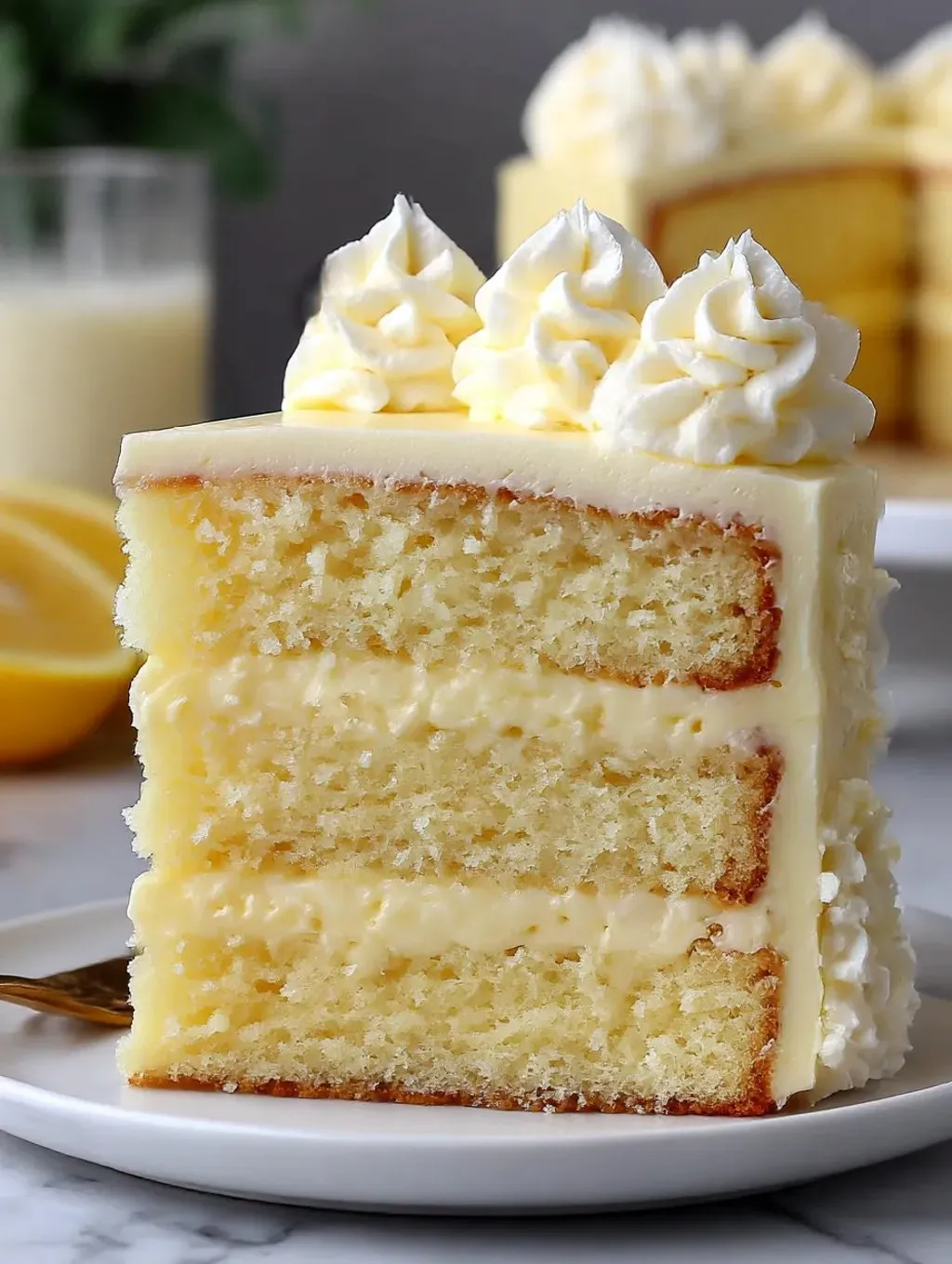 Ein Stück Glutenfreier Zitronenkuchen auf einem weißen Teller.