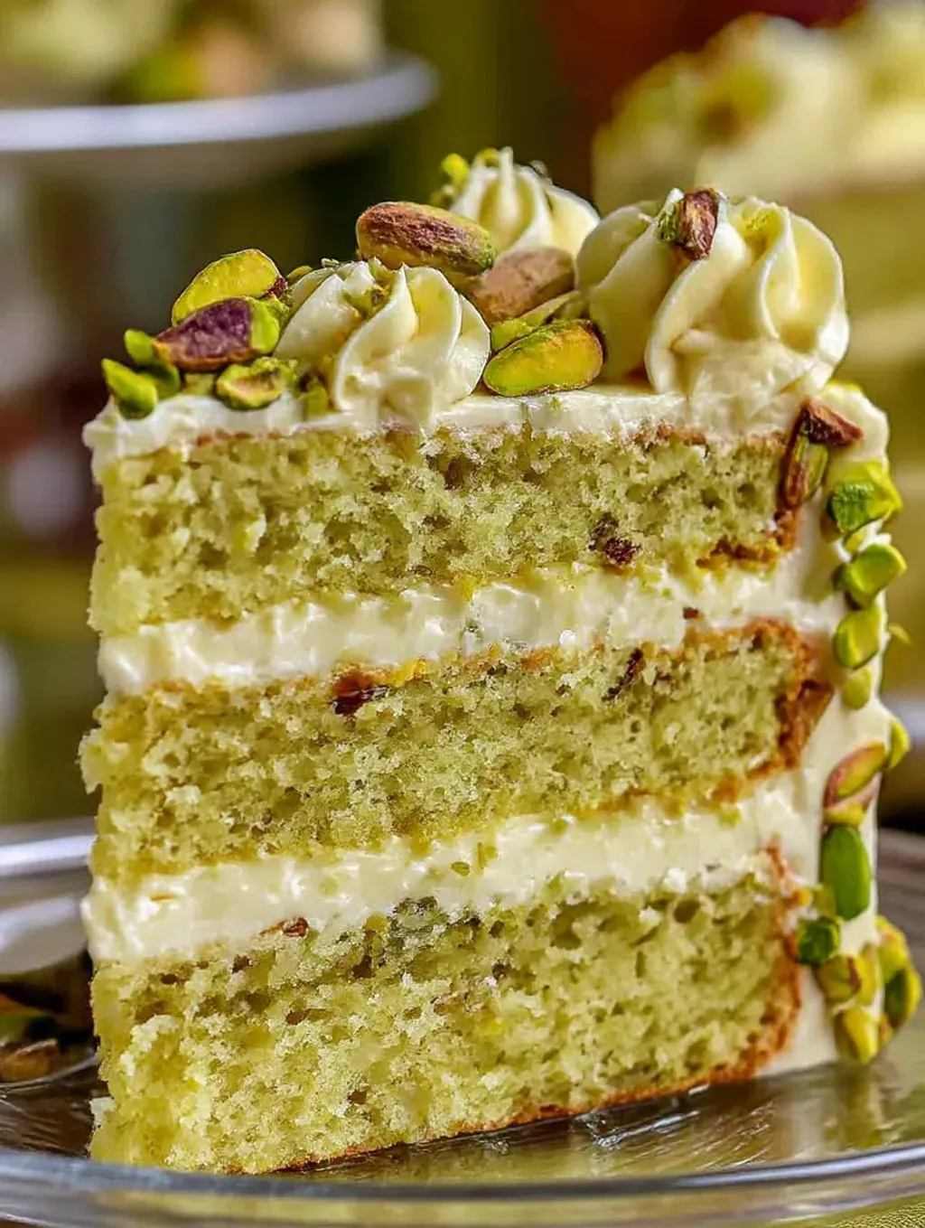 Ein Stück Pistachio-Kuchen mit Nüssen und Schaumkäse.