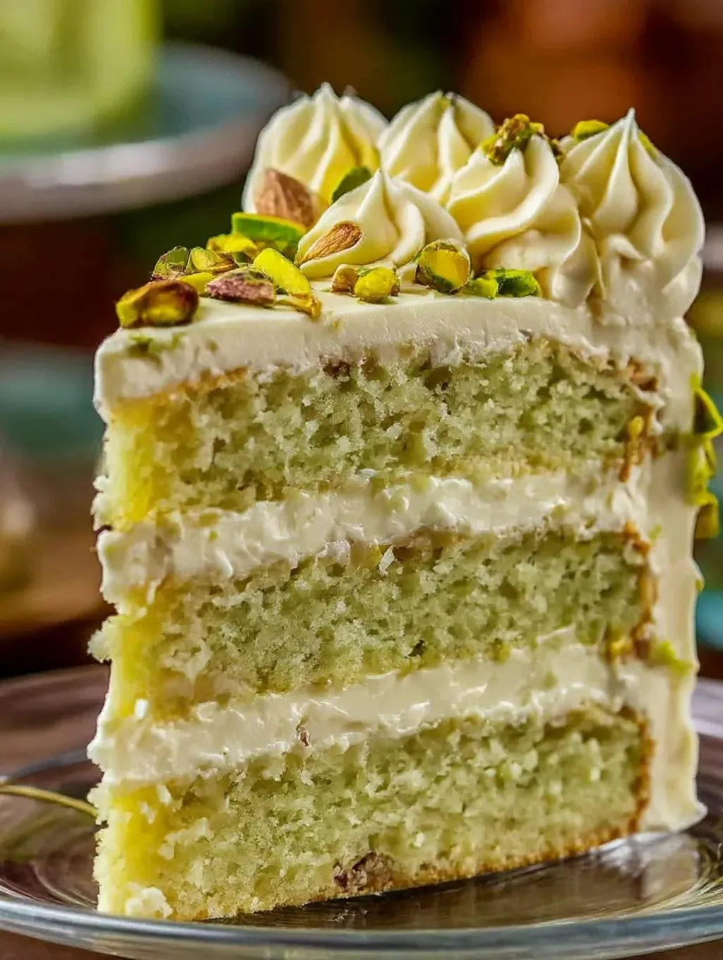 Ein Stück Pistachio-Kuchen mit cremiger Schicht und Pistachio-Kerne.